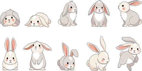 Cute Bunny Illustration Set with Sitting, Lying, Running, and Jumping Rabbit Poses in Soft Pastel Style for Kids Designs and Nursery Graphics