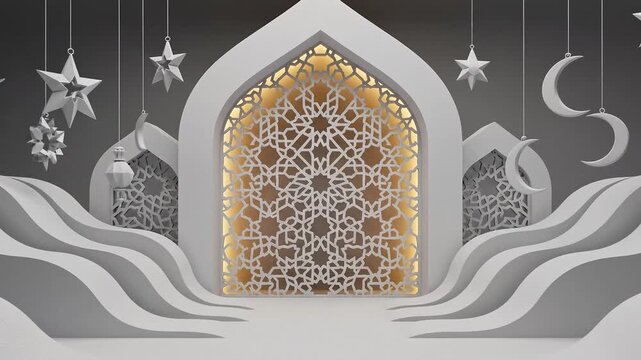 Elegant Islamic archway with intricate patterns and hanging decorations