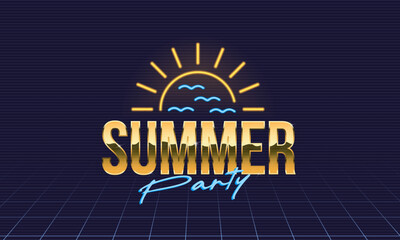 Summer Party retro futuristic glow logo with neon typography, sun and ocean waves. 80s Neon summer logo for party posters, beach party, invitations, flyers and banners design. Vector illustration.