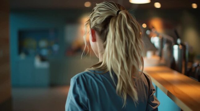 Woman with blonde ponytail in modern cafe interior