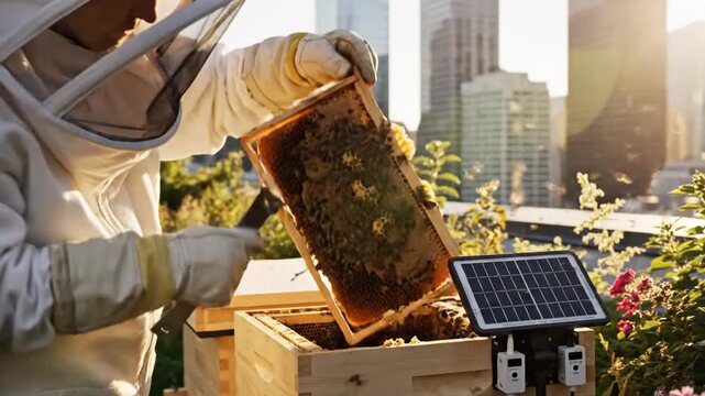 Beekeeper tending beehive with solar panel on urban rooftop at sunset