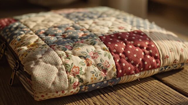 Close-up view of a patchwork quilted pillow resting on wooden floorboards