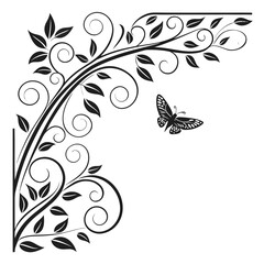 Fototapeta premium Elegant black and white illustration of a butterfly on a decorative floral branch