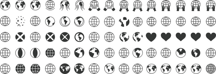 Globe and world icon collection illustration, black and white earth symbols set, minimalist vector interface graphics