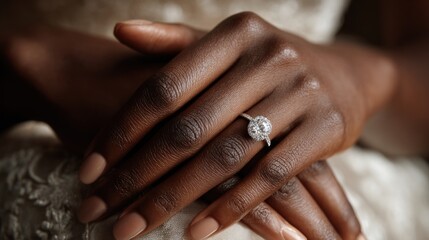 Obraz premium Hands are clasped gently on lap, showcasing a diamond ring and white silk from a wedding dress, creating a refined look