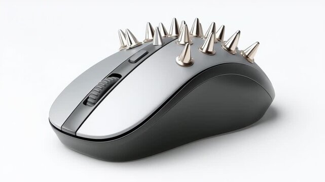 Unique computer mouse with metallic spikes on top, showcasing a sleek design with a silver and black color scheme, positioned on a clean white background for clear visibility