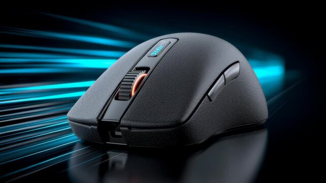 High-performance gaming mouse with ergonomic design and customizable features, showcasing sleek contours and illuminated accents against a dynamic blue light background