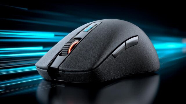 High-performance gaming mouse with ergonomic design and customizable features, showcasing sleek contours and illuminated accents against a dynamic blue light background