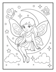 Fototapeta premium Fairy Sitting on Crescent Moon with Butterflies. Bold and Easy Line Art for Kids. 