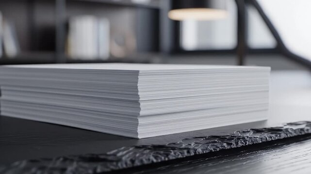 Close-up View of Neatly Stacked White Business Cards on a Dark Textured Desk Surface in an Office Setting