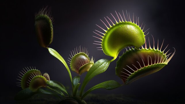 dramatic venus flytrap with fantasy lighting and high contrast shadows