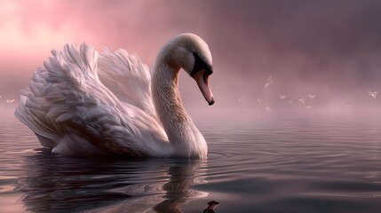Naklejka premium Elegant swan on misty lake at dawn