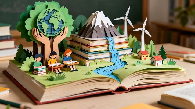 Education and sustainability for social justice illustration, 3D papercut art of children learning with book mountain and green environment, World Social Justice Day concept