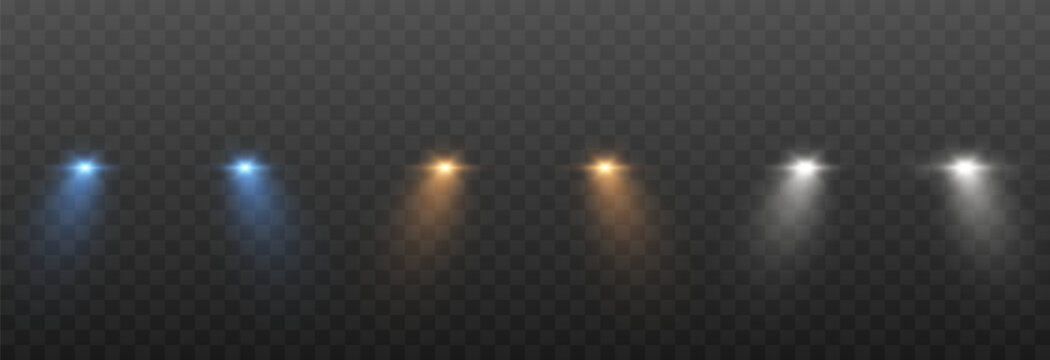 Set of realistic headlights with turned-on lights in different colors. Blue, yellow, white headlight light PNG. Lighting from turned-on car headlights. Light effect.