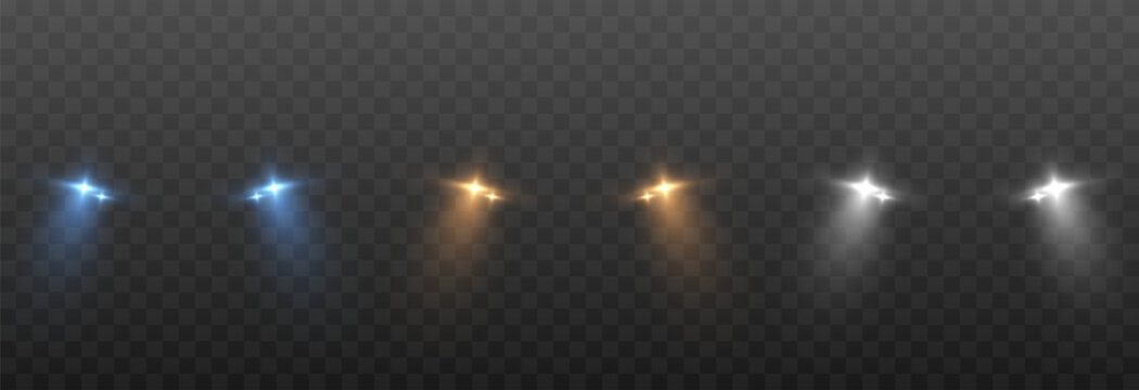 Set of realistic headlights with turned-on lights in different colors. Blue, yellow, white headlight light PNG. Lighting from turned-on car headlights. Light effect.