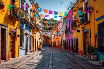 Naklejka premium Charming alleyway in a colorful town, adorned with vibrant paper banners, under a bright sky