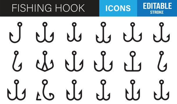 Fishing hook outline icons editable stroke angling vector set