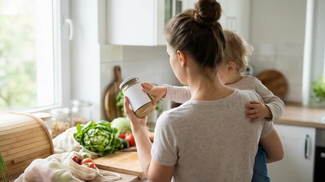 Mother holding child reading label on jar in kitchen with fresh tomato lettuce vegetable caution consumer recall action checking product for safety