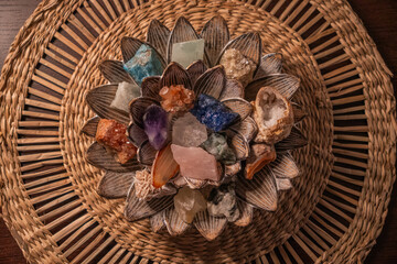 Decorative bowl with crystals and natural stones top view
