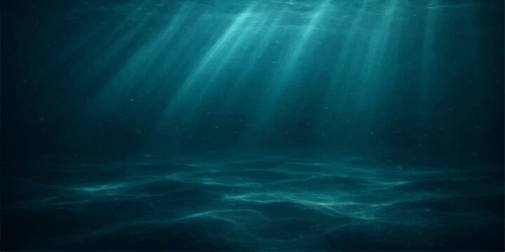 A deep blue underwater world loop featuring a dark ocean background where sunlight rays pierce through waves to illuminate the nature of the sea landscape