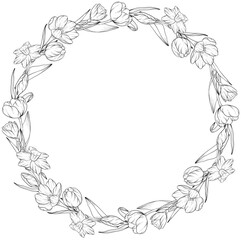 Obraz premium Easter flower festive traditional decor element set. Ink style vector illustration. Engraved outline eggs, knots, spring garden flowers and basket. Monochrome graphics in a hand-drawn line style