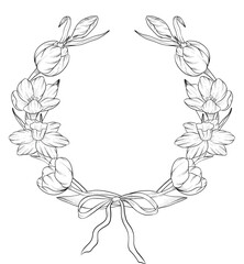 Easter flower festive traditional decor element set. Ink style vector illustration. Engraved outline eggs, knots, spring garden flowers and basket. Monochrome graphics in a hand-drawn line style