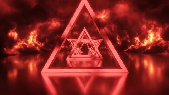 Abstract glowing red triangular tunnel leading into a fiery, cloudy background