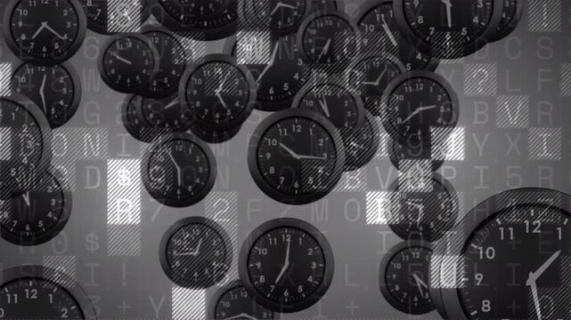Analog wall clocks clustering, pulsing squares starting motion, drifting, scaling, forming loop