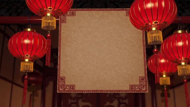 Blank Chinese ancient red reel banner and lanterns, 3d rendering.
