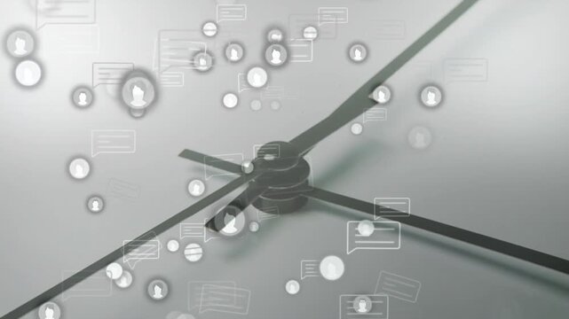 Central clock hub and hands rotating while chat icons flooding after ping, showing activity