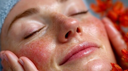 Woman Receiving Facial Treatment with Red Flowers