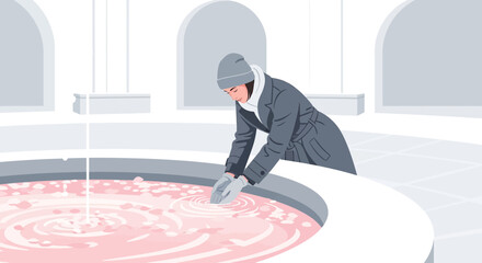 Woman in Winter Coat Touching Pink Water in Circular Fountain