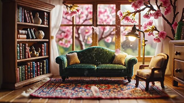 Cozy Elegant Reading Room with Emerald Velvet Sofa, Wooden Bookshelves, and Blooming Window View