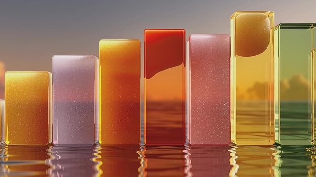 Colorful Glass Pillars: A row of vibrant, transparent glass pillars stands elegantly in a serene body of water, each reflecting the soft light of the surrounding sky and water.