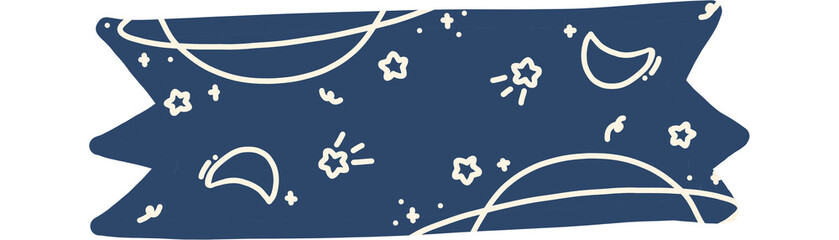 A whimsical dark blue washi tape featuring hand-drawn celestial elements like planets, crescent moons, and stars in a cream color.   © Galexy