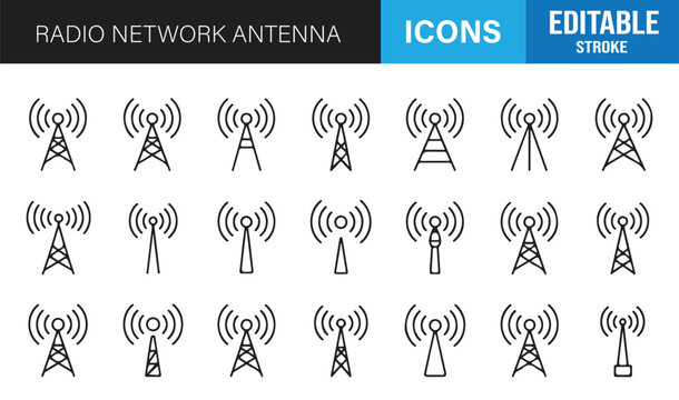 Telecom tower and radio antenna line icons editable stroke set