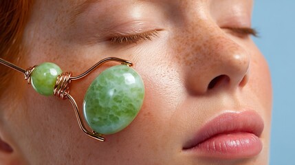 Woman Using Jade Roller on Face for Skincare Routine