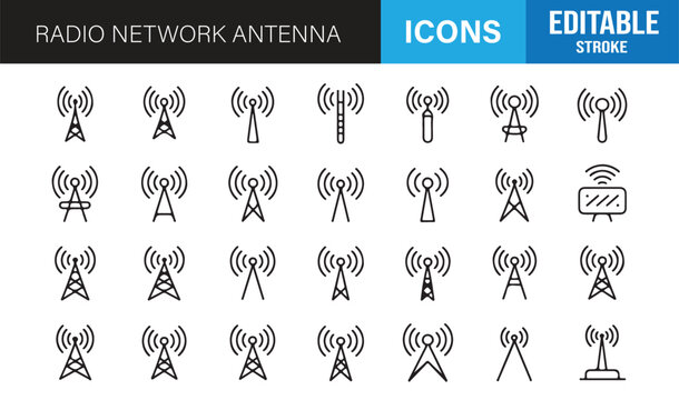 Radio antenna outline icons editable stroke wireless network vector set