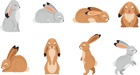 Obraz premium Cute Rabbit Illustration Set with Sitting, Standing, and Resting Bunny Poses for Kids Designs, Animal Characters, Nursery Graphics, and Cartoons
