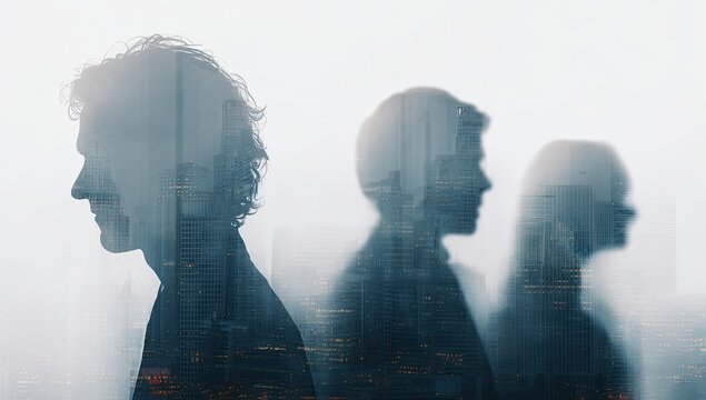 Three figures in silhouette, cityscape layered over profiles. Artistic visualization, light-toned