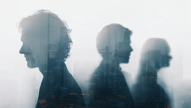 Three figures in silhouette, cityscape layered over profiles. Artistic visualization, light-toned