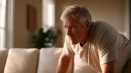 Fototapeta premium Senior Caucasian man with gray hair in a focused bent over position for exercise at home illuminated by soft warm sunlight casting shadows in the interior living space
