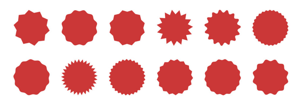 Red starburst badge shapes set. Wavy and pointed circle labels. Promotional sale sticker elements