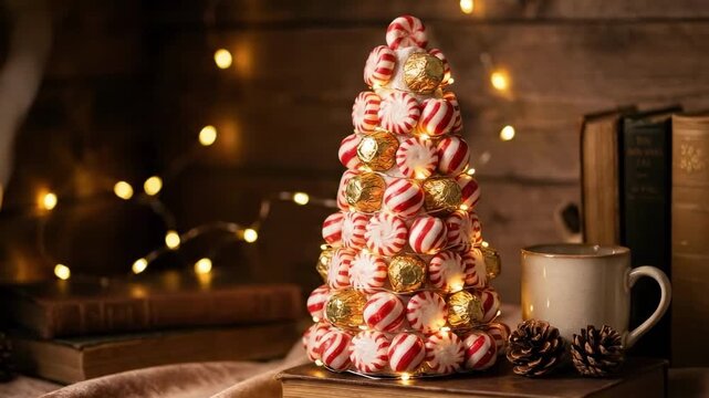 candy tree - A festive arrangement of peppermint candies shaped like a Christmas tree, adorned with golden chocolates and warm fairy lights, set against a rustic wooden background