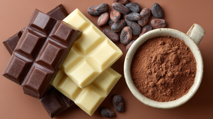 Assorted chocolate bars with cocoa powder and beans on brown surface