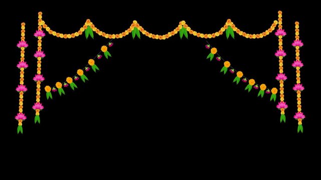 Traditional indian garland marigold toran floral vector wedding and festival decoration, Diwali decoration Toran border  Animated Marigold Flower Garland