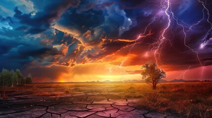Dramatic Sunset with Lightning Strikes Over Dry Landscape and Stormy Clouds