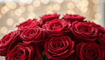 Obraz premium A close-up shot of a bouquet of deep red roses with water droplets, set against a bokeh background