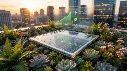 Rooftop solar panel in smart city showing real time energy output and carbon reduction data.