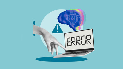 Artificial Intelligence Error and Hallucination Concept, AI Misinformation Risk Warning with Laptop Screen, Human Hand and Neural Brain Icon
